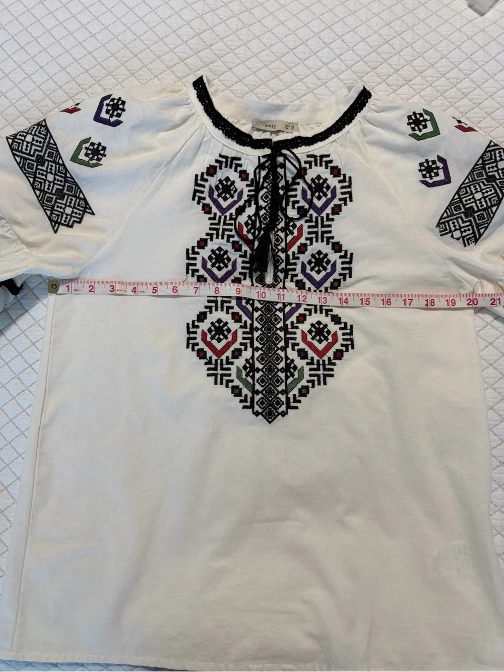 Embroidered White Peasant Blouse with Multicolor Accents - Picture 6 of 9